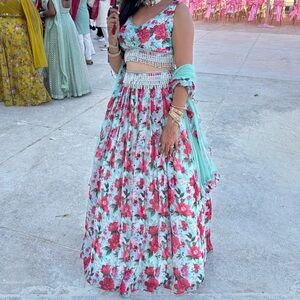 Floral lengha - mint green with red flowers
